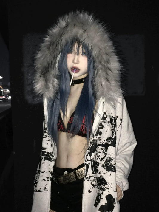 Y2K Vintage Fur Collar Zip-Up Hoodie Heavyweight Visual Kei Streetwear Jacket
