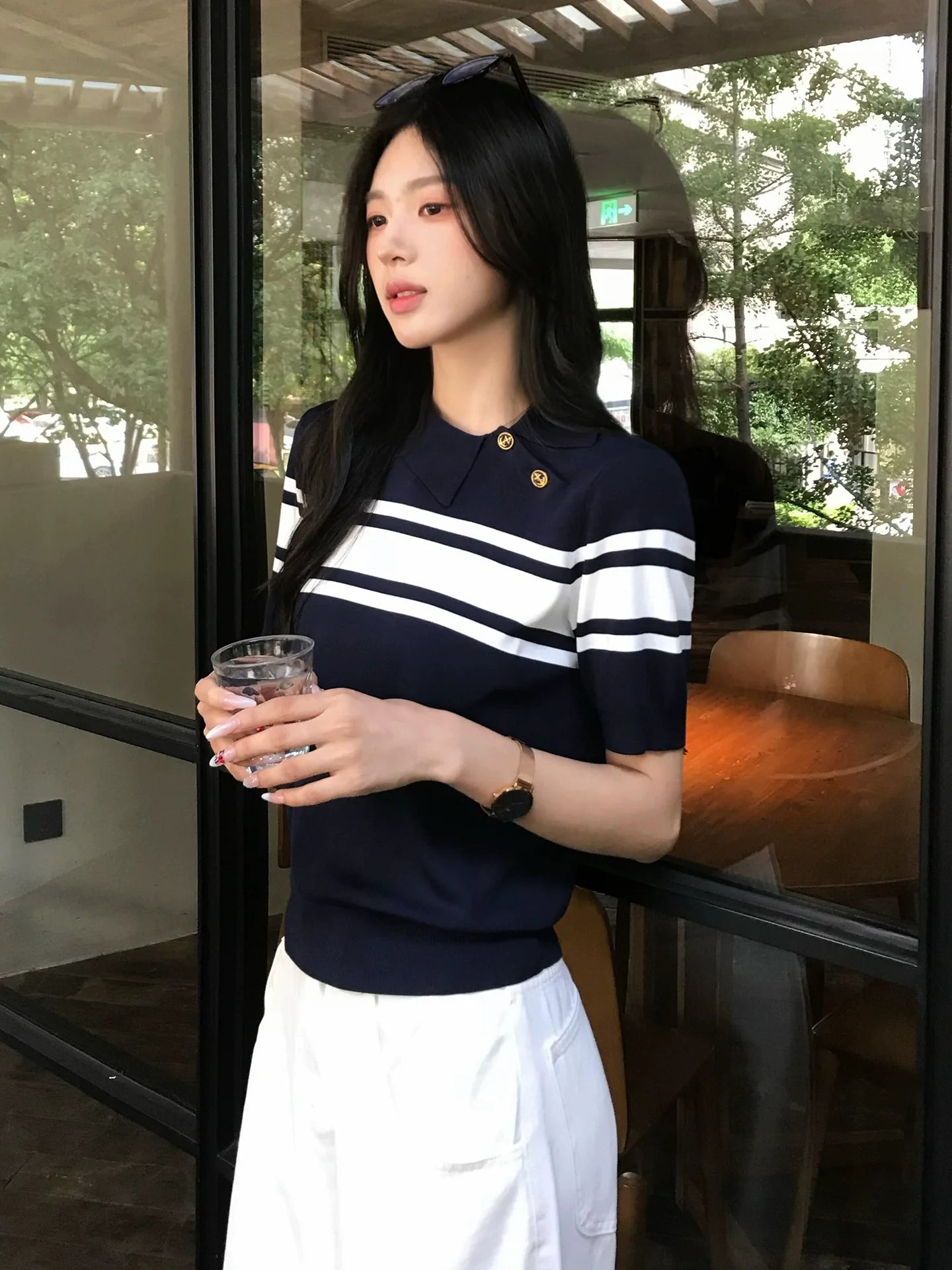 Old Money Navy Polo Knit Top Slim Fit Short Sleeve Structured Shoulder Preppy Shirt