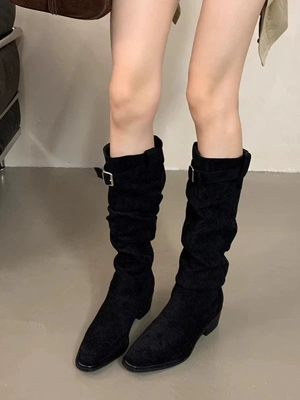 Suede Square Toe Slouchy Womens Boots Fall Winter New Buckle Chunky Heel Knee High Slimming Biker Boots