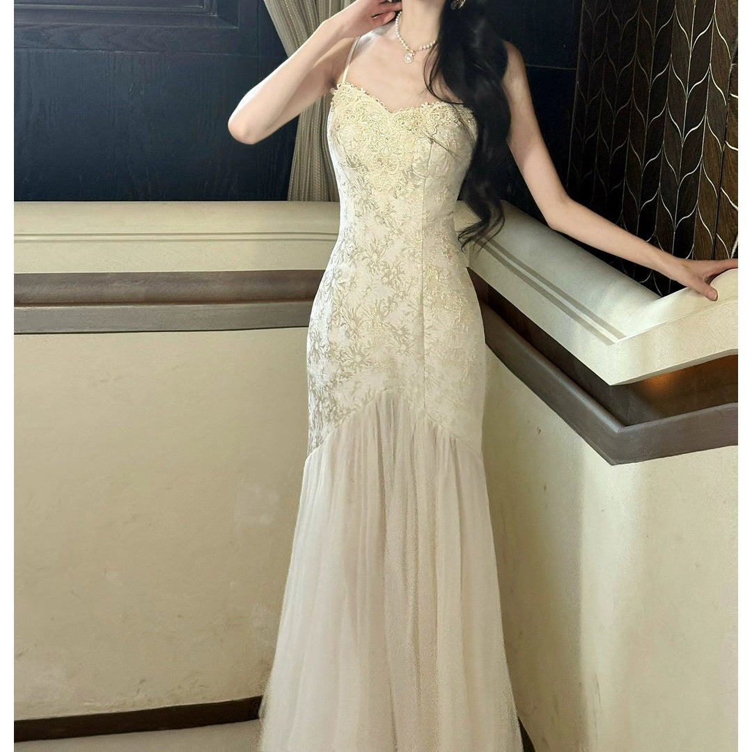 French Lace Tulle Halter Mermaid Gown Dress