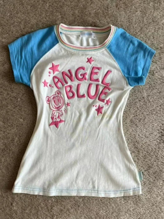 White Subculture Y2K E-girl Abi American Retro Color-Block Cartoon Print Short Sleeve Top