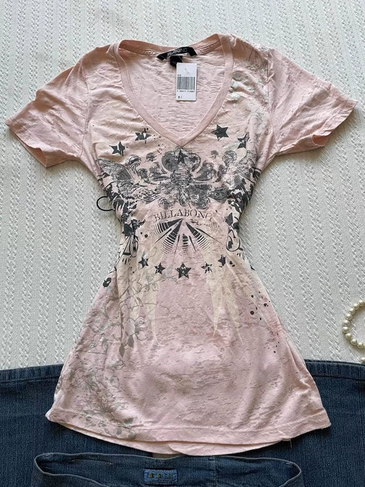 Pink Short-Sleeve Subculture Y2K E-girl Retro Distressed V-neck Print Niche Waist-Cinched Top