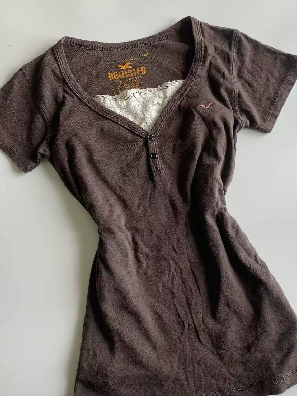 Brown Subculture Y2K E-girl American Retro V-neck Vintage Fake Two-Piece Short Sleeve Top