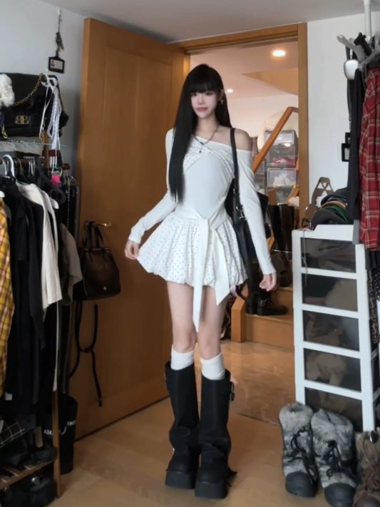 White Polka Dot Off-The-Shoulder Long-Sleeve Waist-Cinched Petite-Friendly Mini Dress