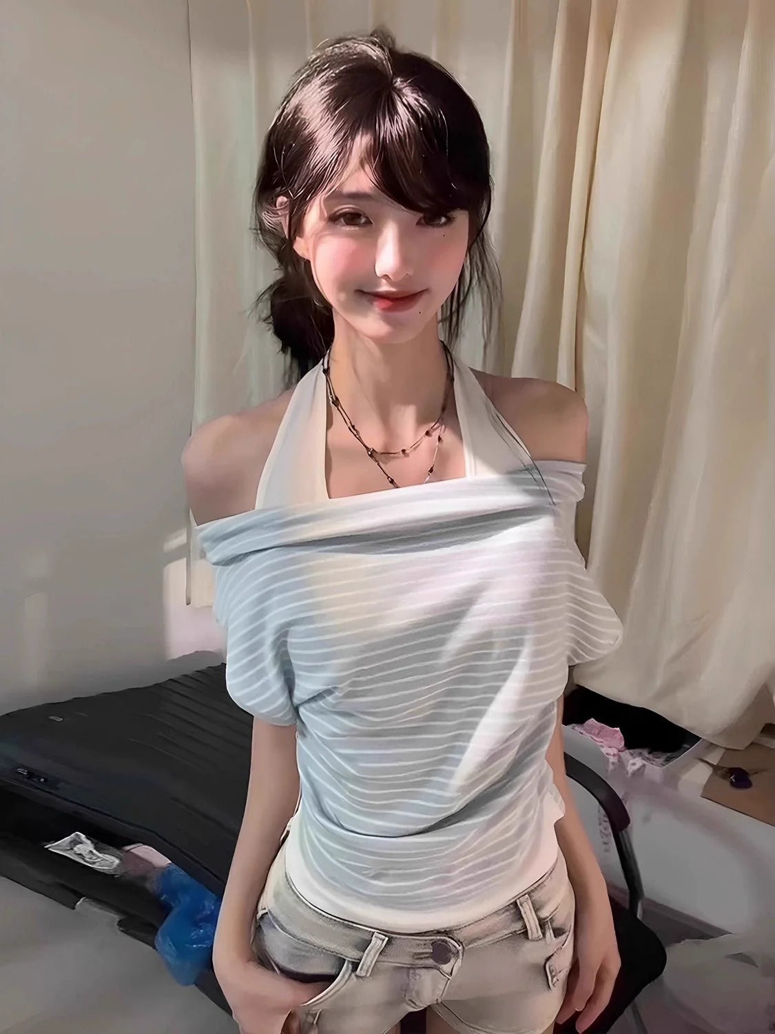 Striped Fake Two-Piece Off-Shoulder Subculture Y2K E-girl Light Subculture Striped Fake Two-Piece Off-Shoulder Short Sleeve Top