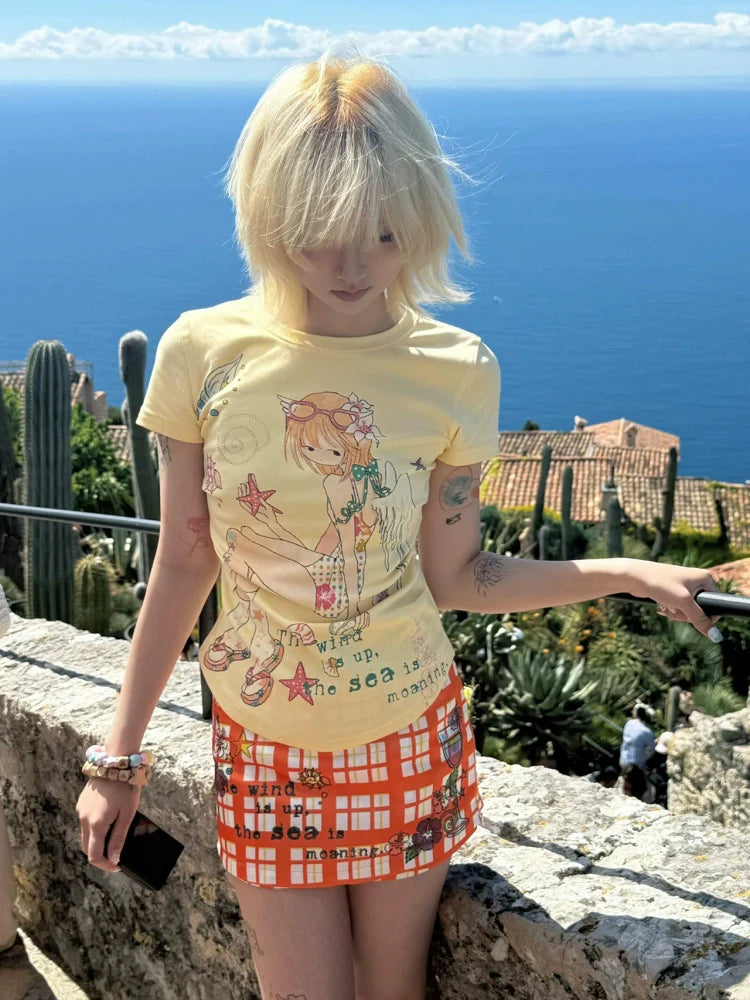 Yellow Anime Print Short Sleeve Tee Summer Slim Fit Y2K Otaku Style Top