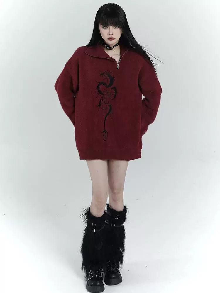 Red Y2K Retro Half-Zip Sweater