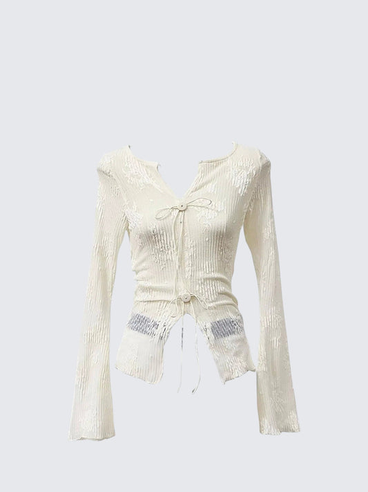 American Textured V-Neck Tie Long Sleeve Tee