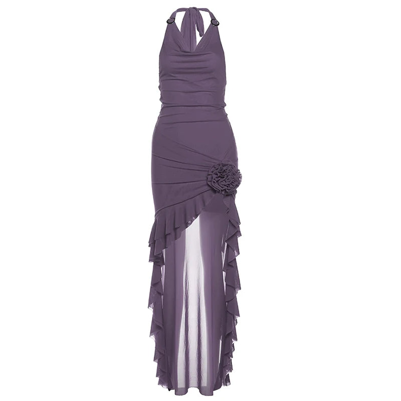 Soft Elegant Cowl-Neck Halter Sleeveless Ruffled Panel Figure-Flattering Asymmetrical Dress