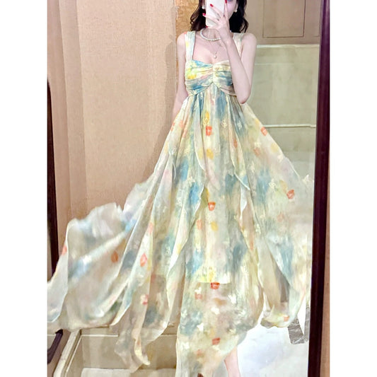 French Ruffle Butterfly Embroidered Spaghetti Strap Gown Dress