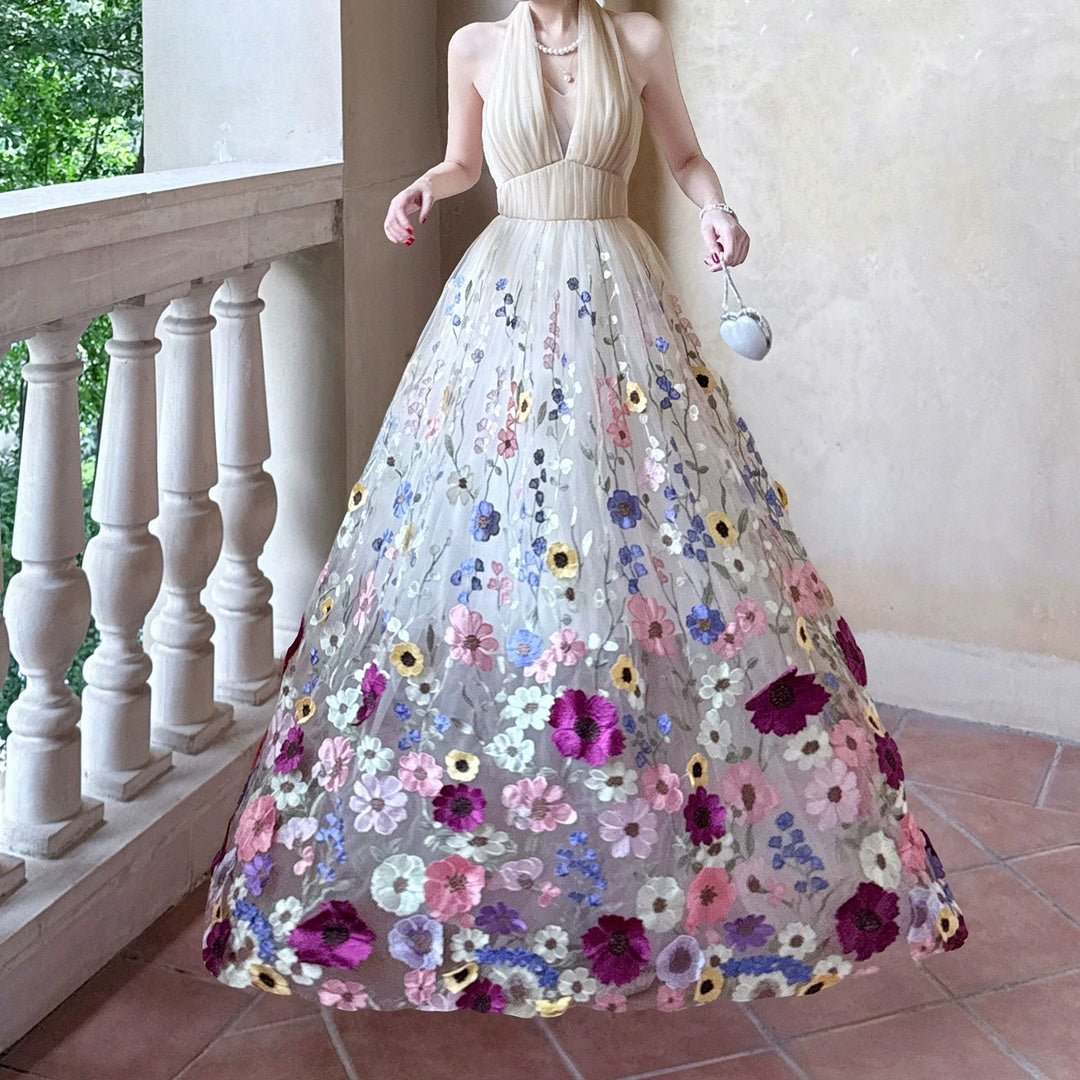 French Embroidered Halter Floral Gown Dress