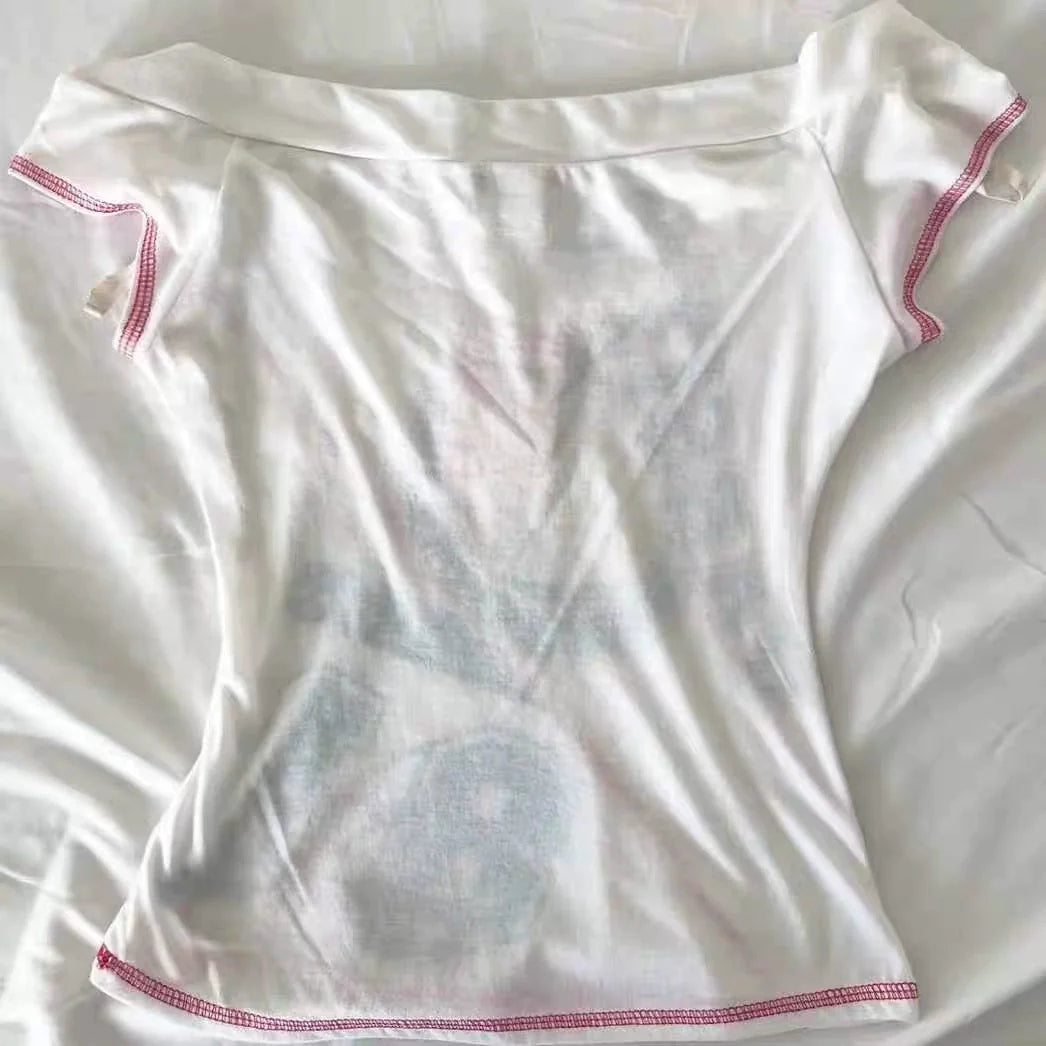 White Off-The-Shoulder Vintage Print Light Subculture Y2K T-Shirt