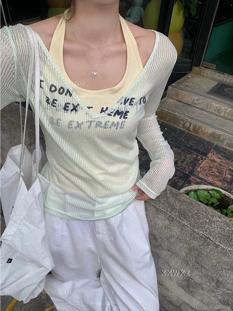 Blue & Gray Two-Piece Set Light Subculture Y2K E-girl American Retro Long Sleeve T-shirt & Printed Camisole Set