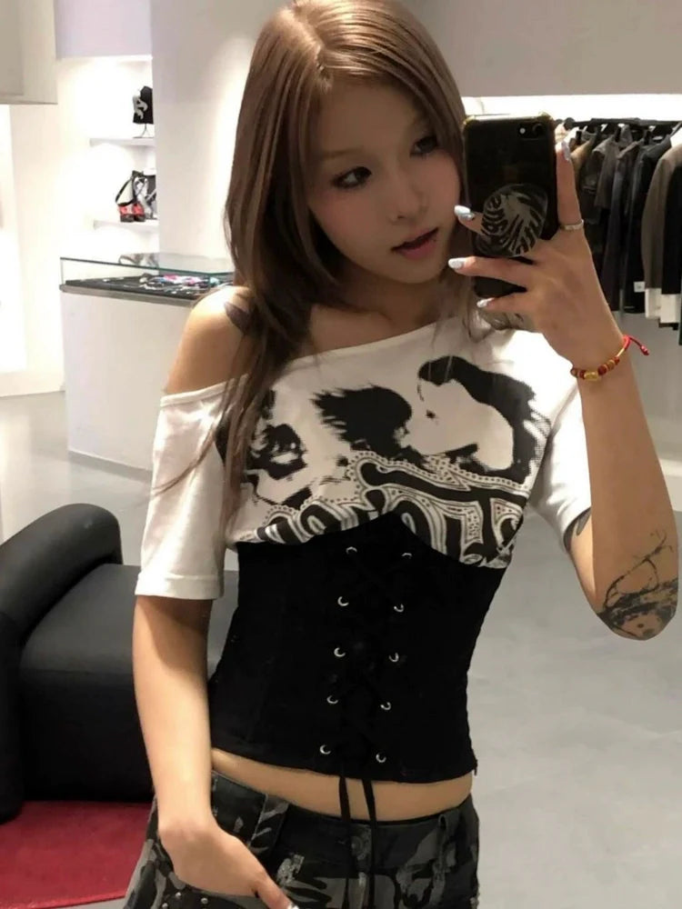 Tie-Waist Cinched Subculture Y2K E-girl Light Subculture American Retro Tie-Waist Short Sleeve Top
