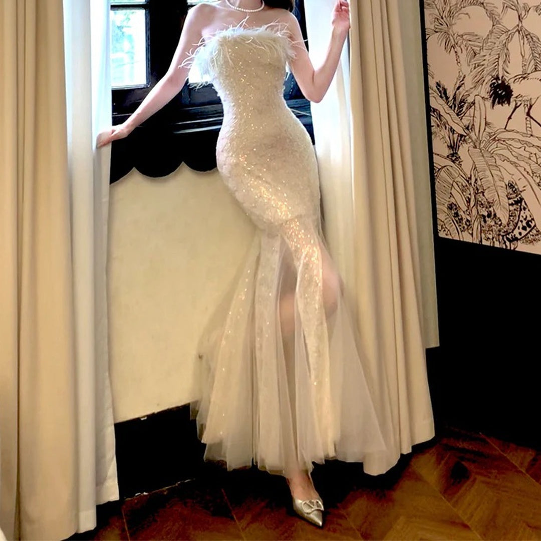 Feather Mermaid Strapless Waist Gown Dress