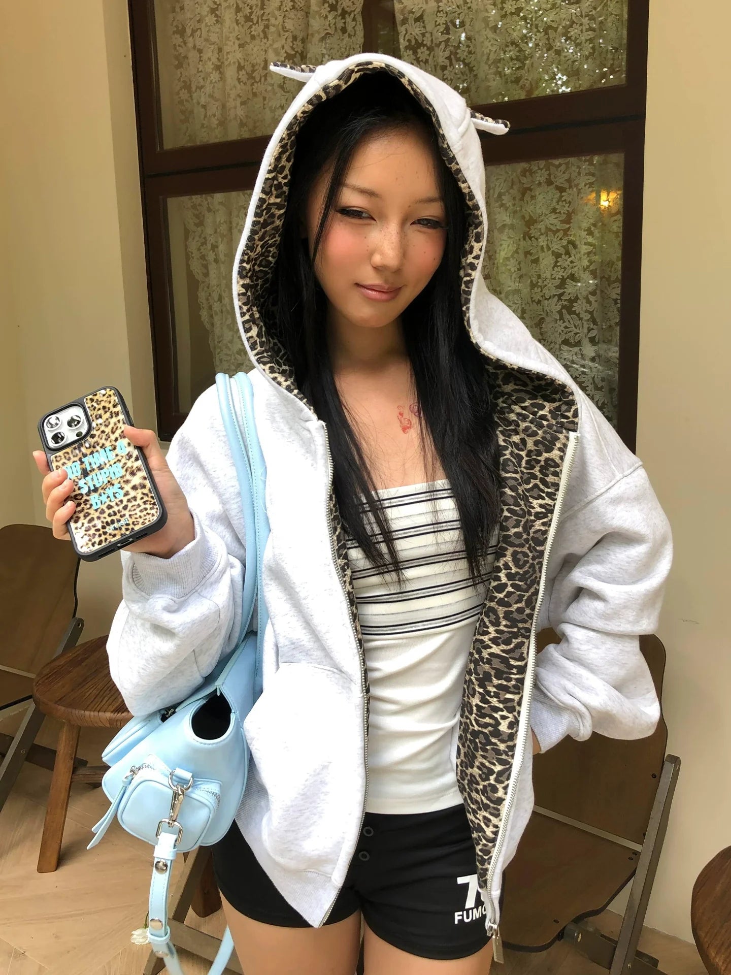 Retro Leopard Ear Hoodie Zip Up Top
