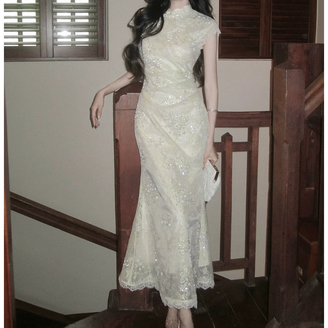 Vintage Sleeveless Modified Cheongsam Gown Dress