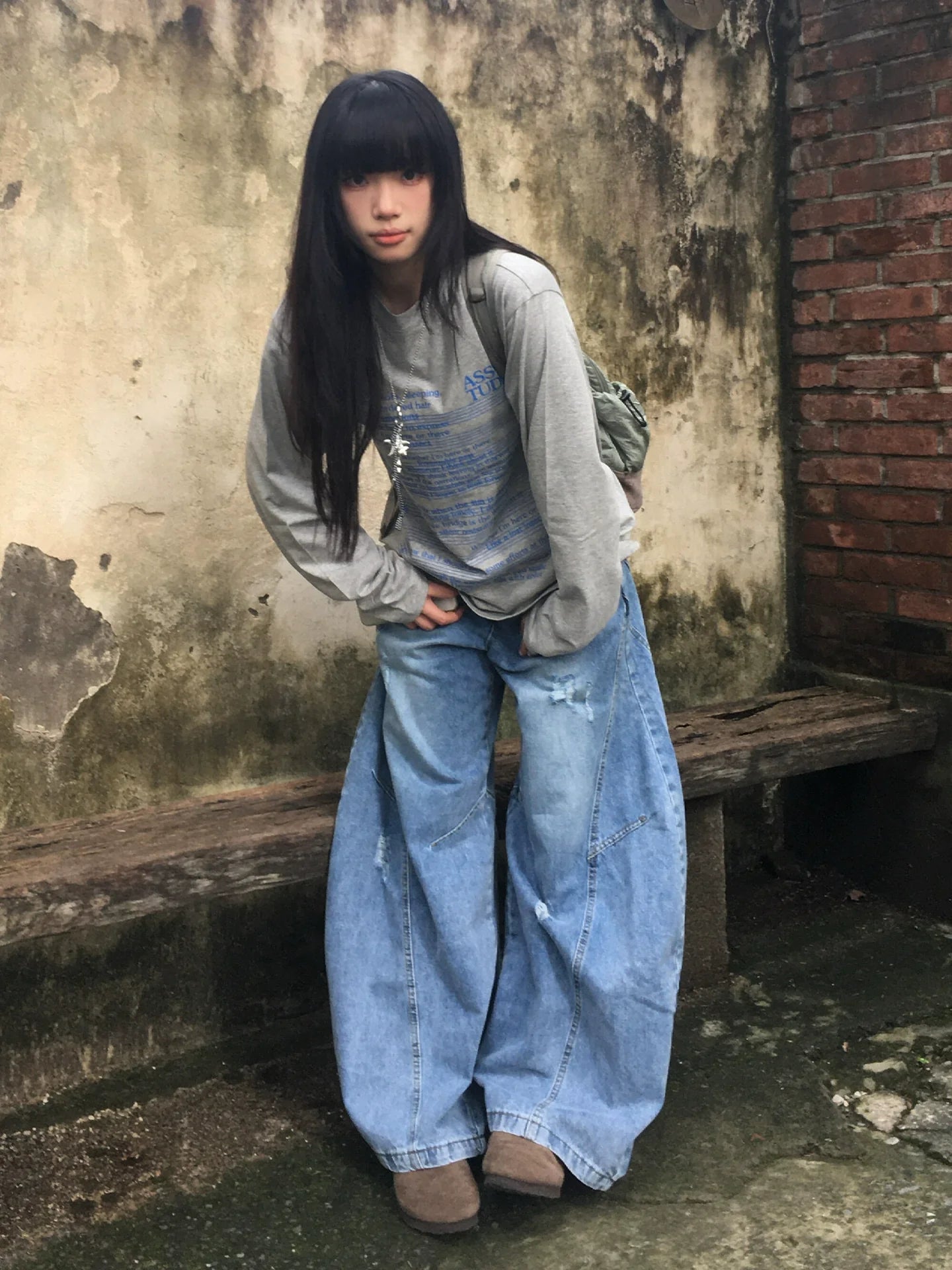 Vintage Gray Music Print Long Sleeve Top for Autumn Winter