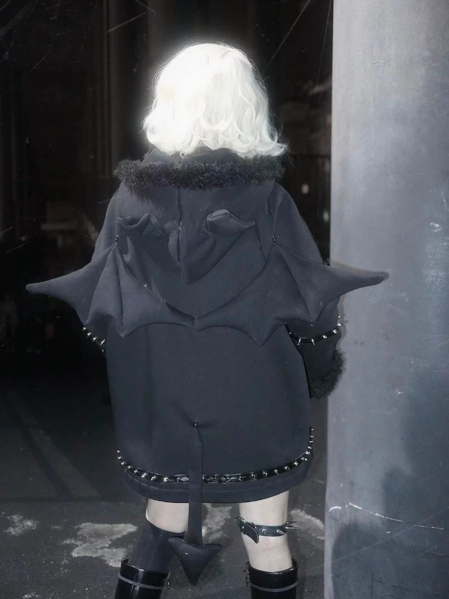 Black Y2K Punk Dark Bat Demon Rivet Hooded Puffer Jacket