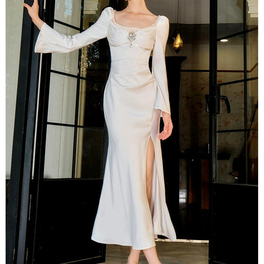 French Satin Embellished Mermaid Gown Dress