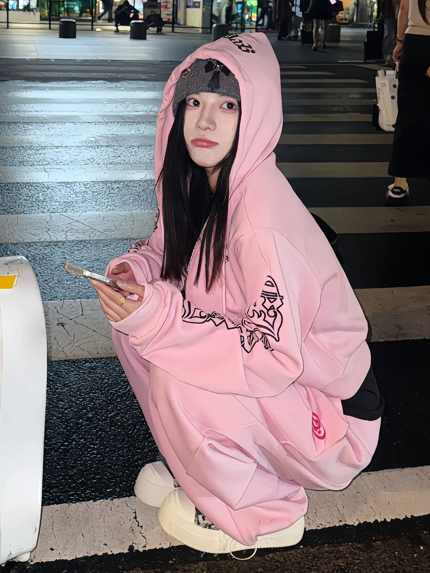 Vintage Pink Gothic Hoodie Zip-Up Jacket for Autumn Winter