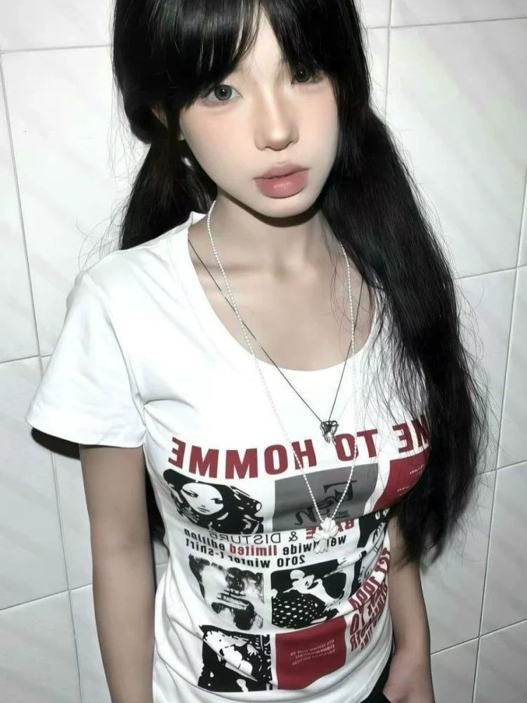 White American Vintage Regular-Shoulder Print Y2K T-Shirt