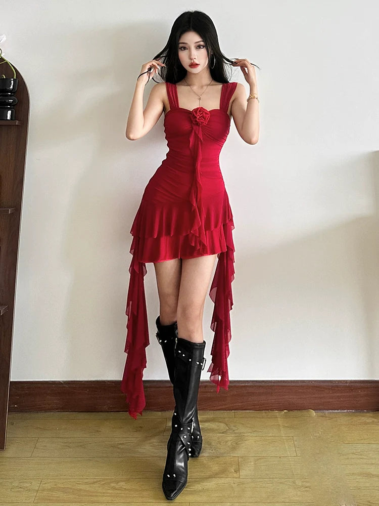 Sweet Bold Retro Asymmetrical Ribbon Waist-Cinched Mini Dress
