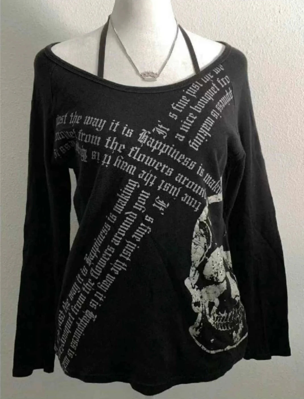 Black Subculture Gothic Rock Punk Y2K E-girl Skull Print Oversized Long Sleeve Top