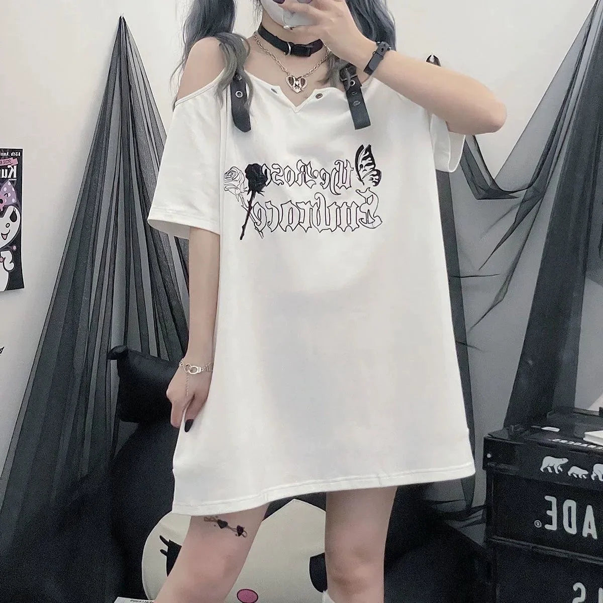 Black Misty Butterfly Print Off-The-Shoulder Mid-Length Oversized Y2K T-Shirt