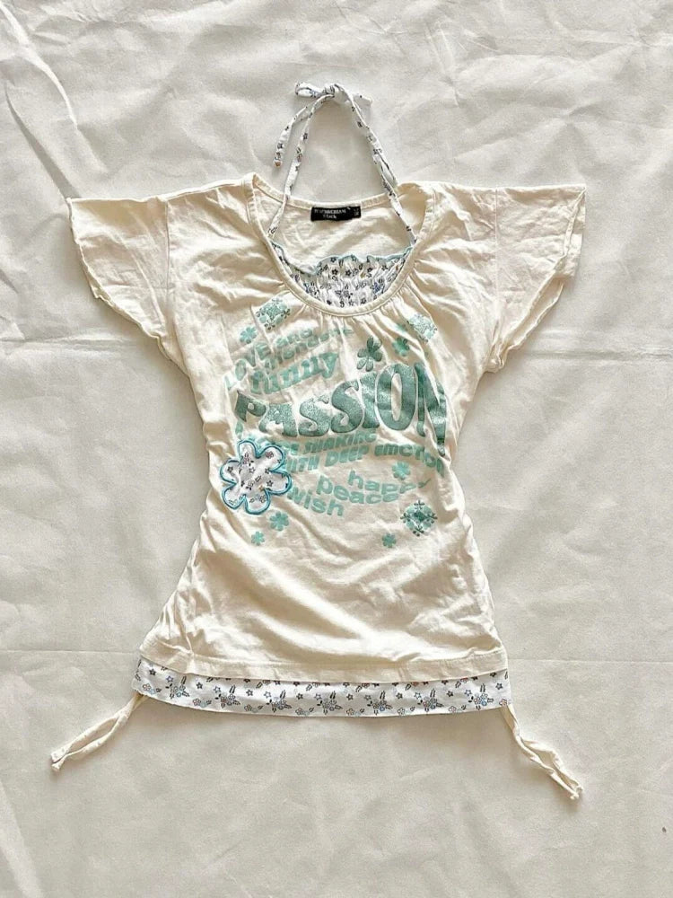 Floral Halter Fake Two-Piece Tie Y2K T-Shirt