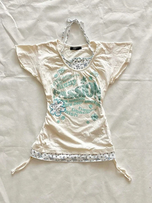 Floral Halter Fake Two-Piece Tie Y2K T-Shirt