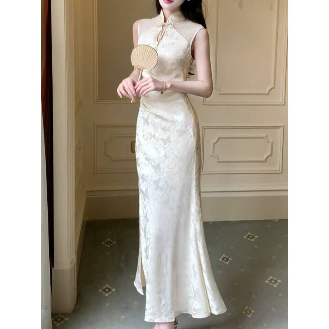 Chinese Satin Jacquard Modified Cheongsam Gown Dress