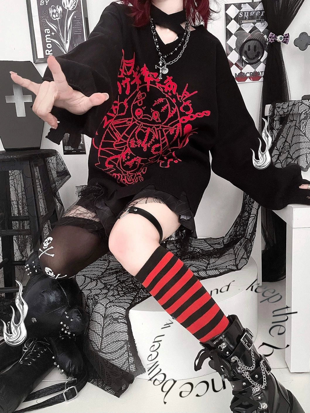 Y2K Punk Bandage Bunny V-Neck Black-Red Sweater