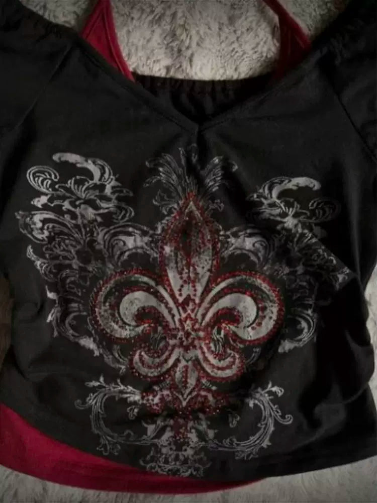 Black Red Fake Two-Piece Halter Rhinestone Y2K T-Shirt