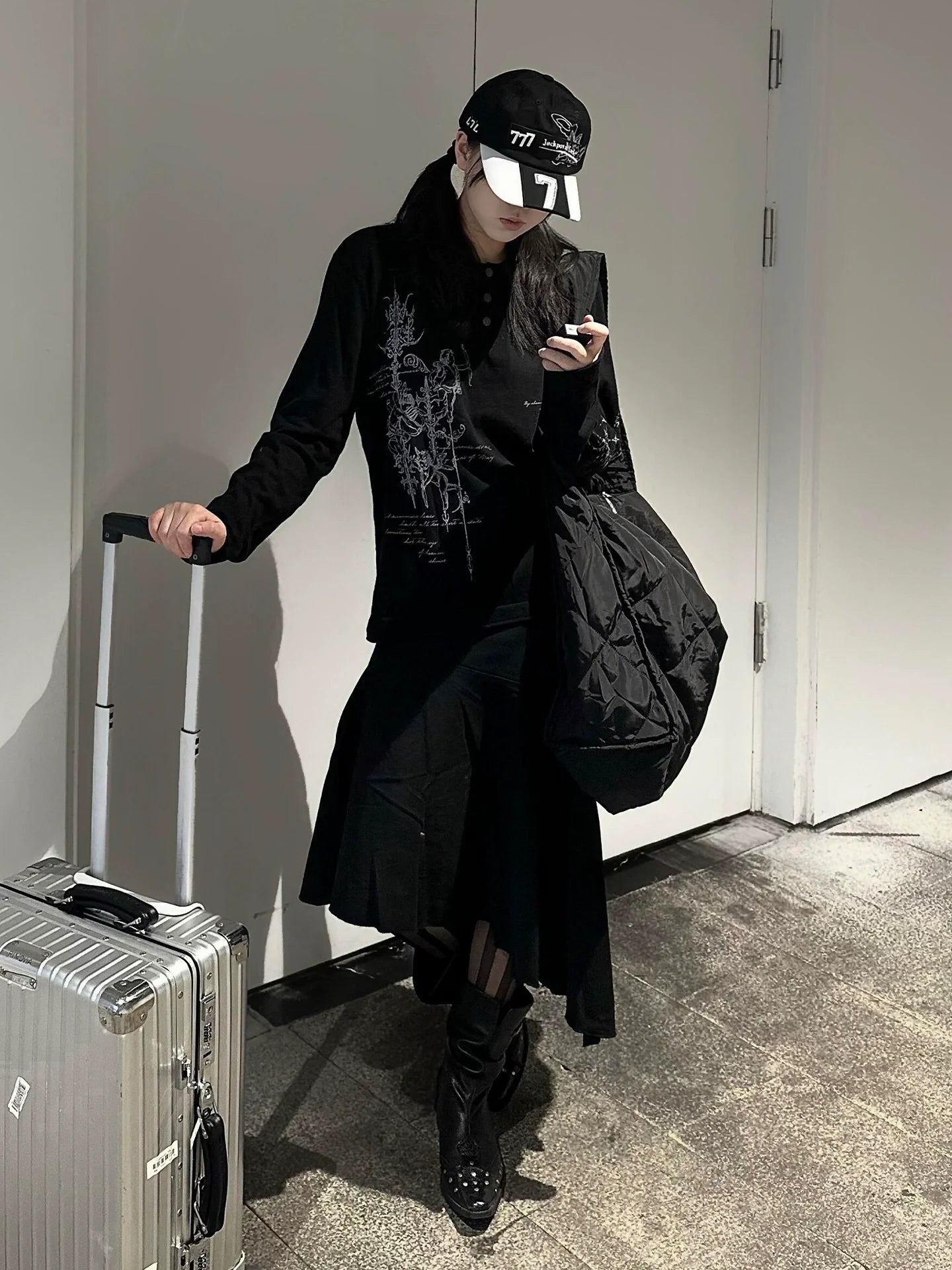 Y2K Subculture Rune Print Henley Long Sleeve Tee Loose Fit Punk Visual Kei Base Layer Top