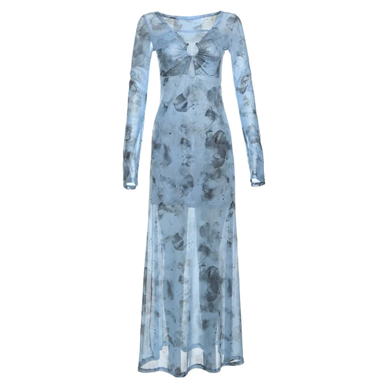 South French Vacation Style Cutout V-Neck Tie-Dye Fitted Slimming Hot Girl Maxi Dress