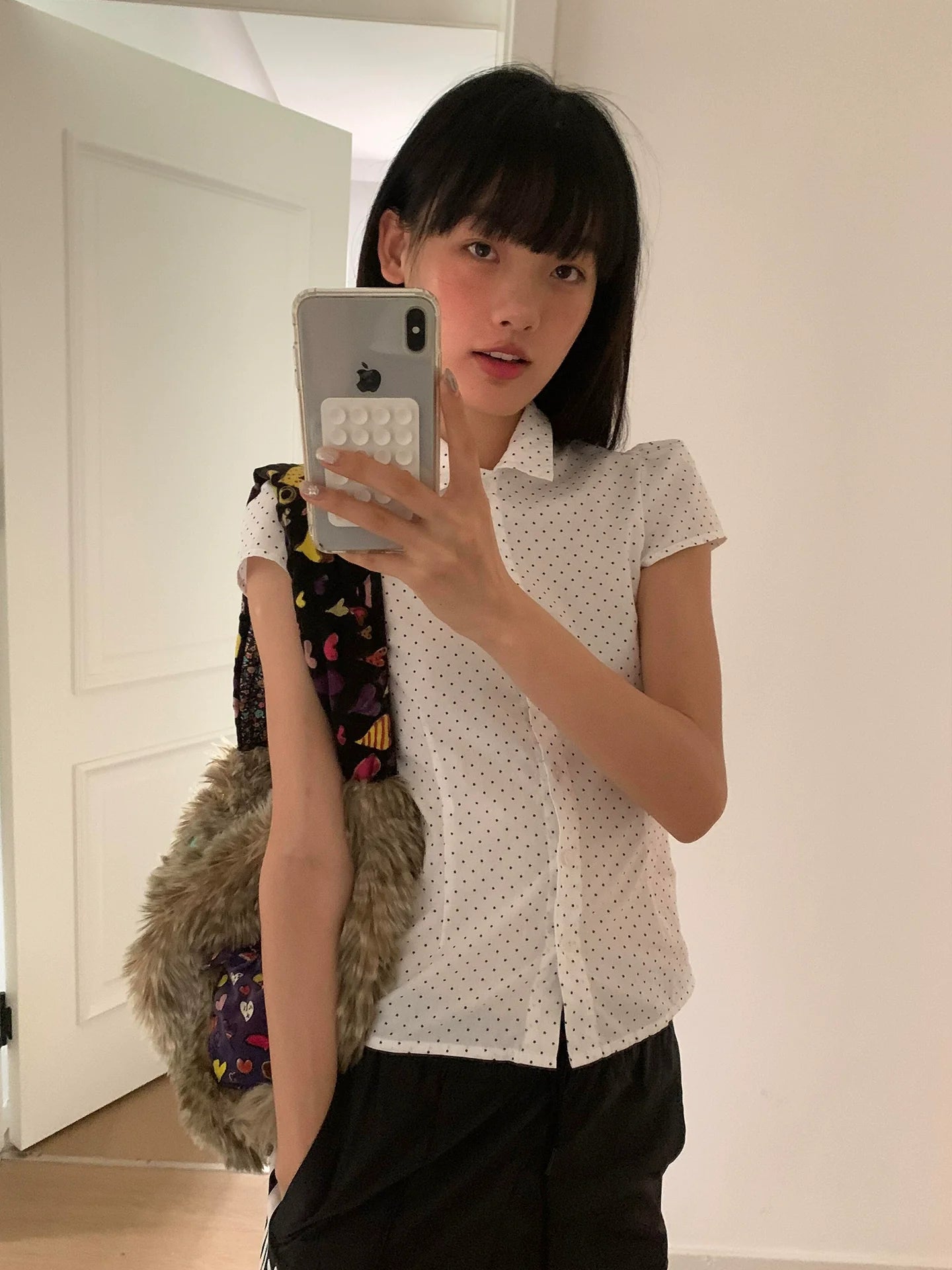 Y2K Star & Polka Dot Polo Shirt White Fitted Summer Top