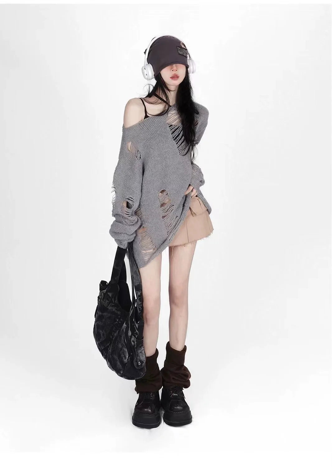 Knit Top + Camisole Two-Piece Set Subculture Y2K E-girl Cutout & Distressed Slouchy Outerwear Set