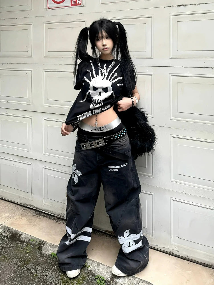 American Y2K Silver Skull Print Tee Black Fitted Short Sleeve Punk Visual Kei Top