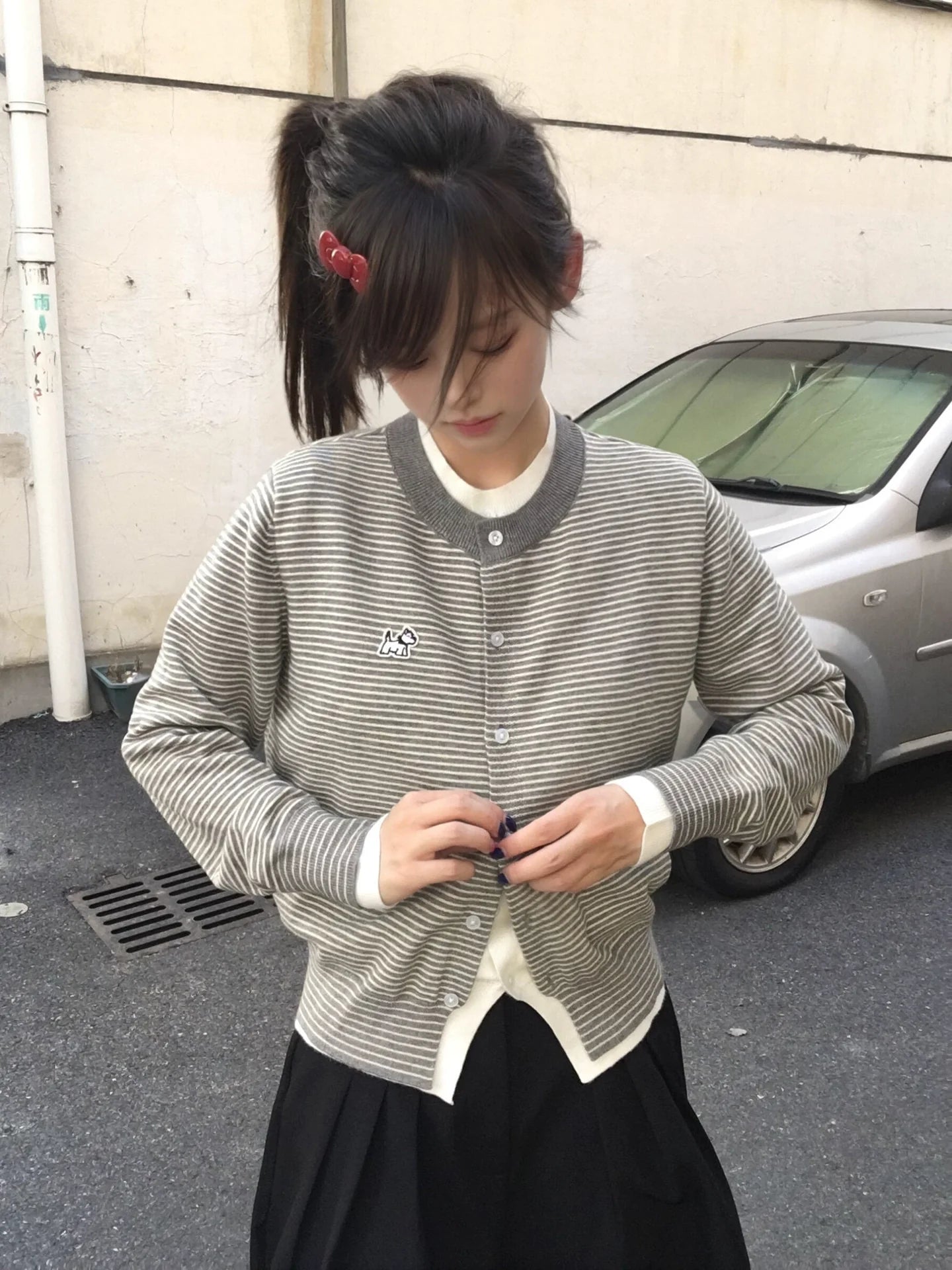 Korean Preppy Striped Knit Cardigan Autumn Loose Fit Layered Sweater Top