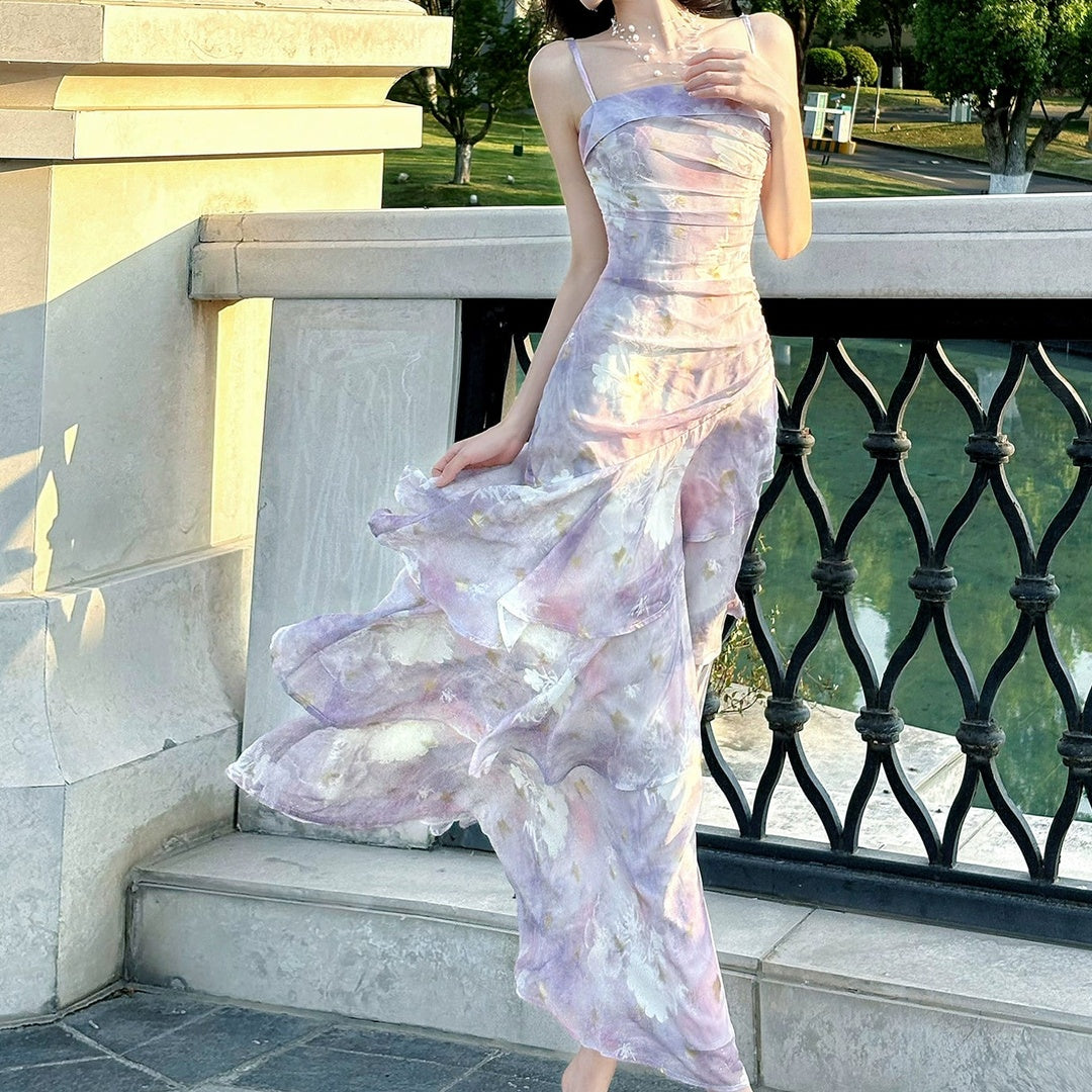 Purple Floral Ruffle Halter Gown Dress