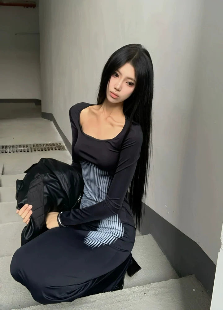 Black High-Stretch Printed Bodycon Maxi Dress