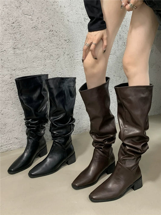 Slouchy Womens Boots Fall Winter New Over The Knee Knee High Petite Retro Brown Chunky Heel Fashion Boots