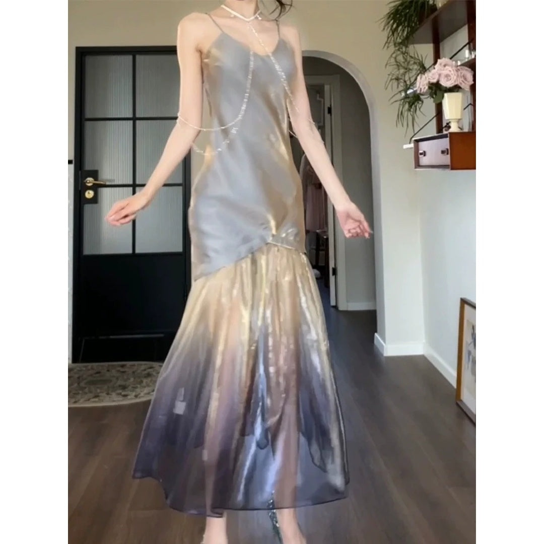 Holographic Iridescent Spaghetti Strap Mermaid Gown Dress
