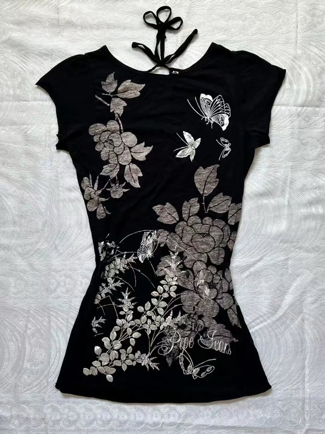 Black Subculture Y2K E-girl Abi American Retro Print Tie & Open-Back Short Sleeve Top