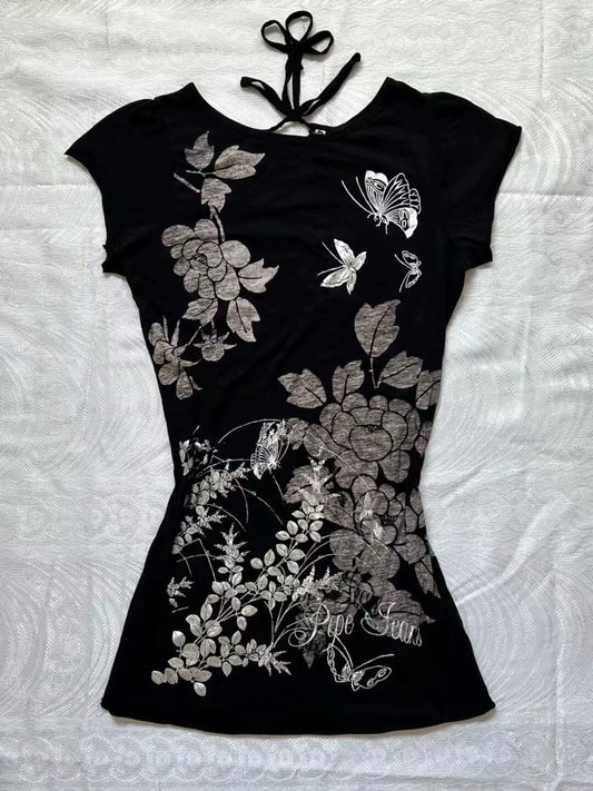 Black Subculture Y2K E-girl Abi American Retro Print Tie & Open-Back Short Sleeve Top