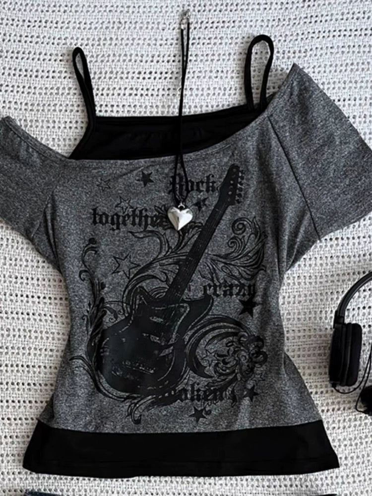 Black Subculture Rock Punk Fake Two-Piece Guitar Print Off-Shoulder Y2K T-Shirt