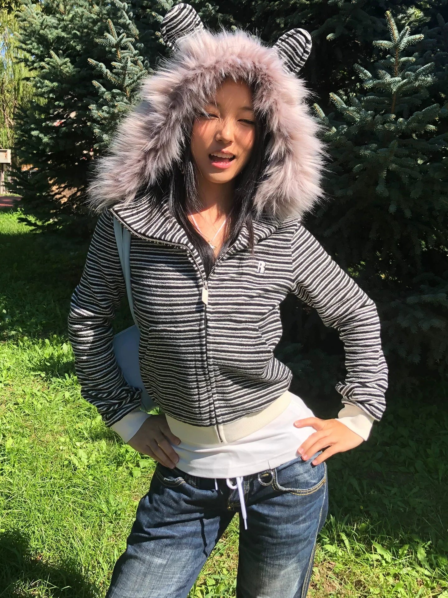Y2K Rabbit Ear Stripe Hoodie for Autumn Winter