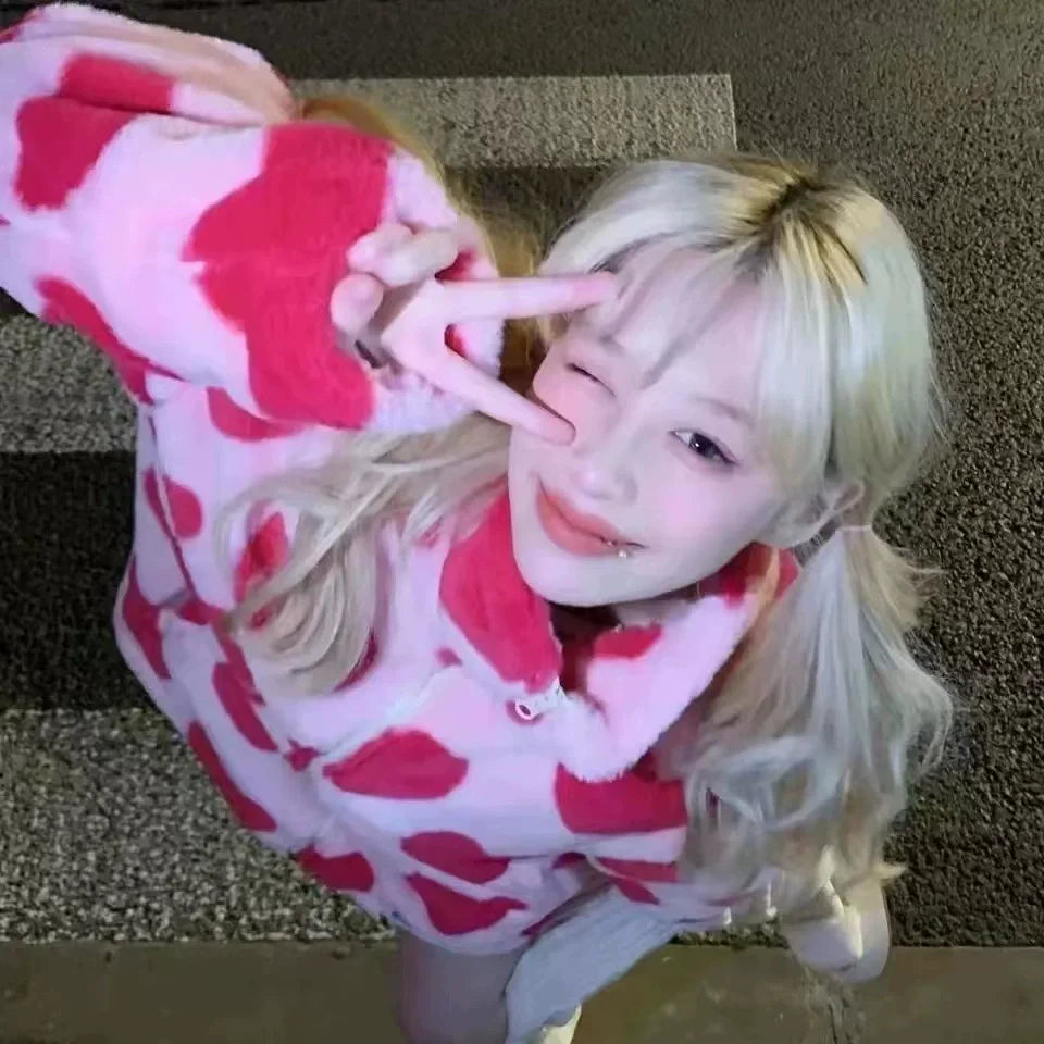 Pink Y2K Punk Heart Lamb Fleece Fleece-Lined Puffer Jacket