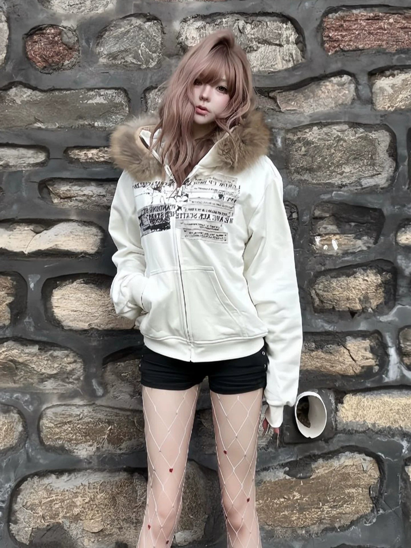 Y2K Floral Fur Collar Hoodie Zip-Up for Autumn Winter